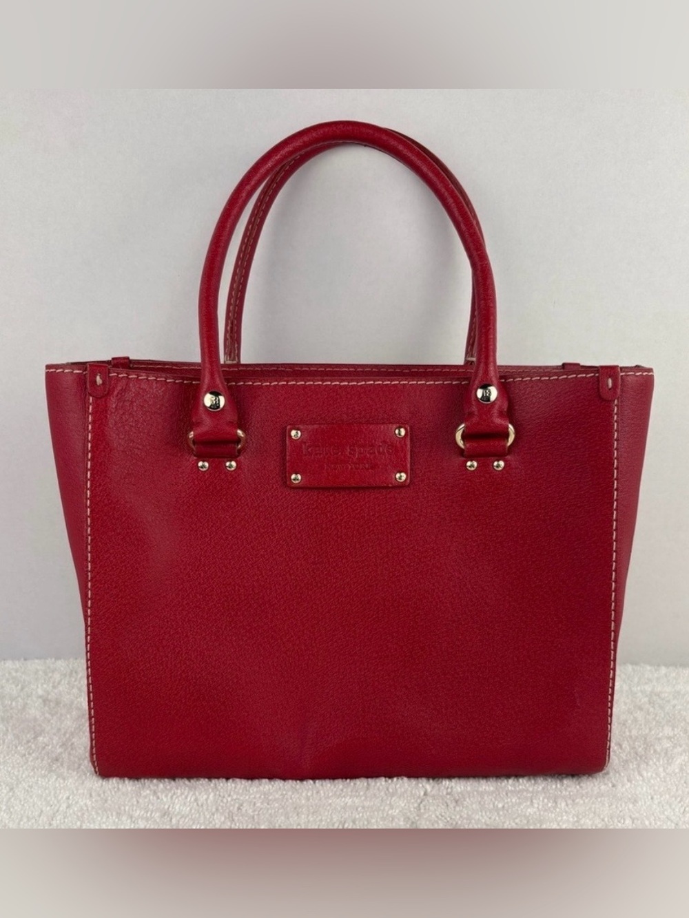 kate spade Red Pebbled Leather Structured Tote with Gold Accents